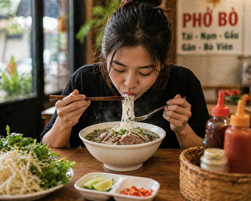 Phở bò ngon nhất khi ăn nóng, nếm nước dùng trước rồi thêm chanh, ớt hoặc rau theo khẩu vị. 