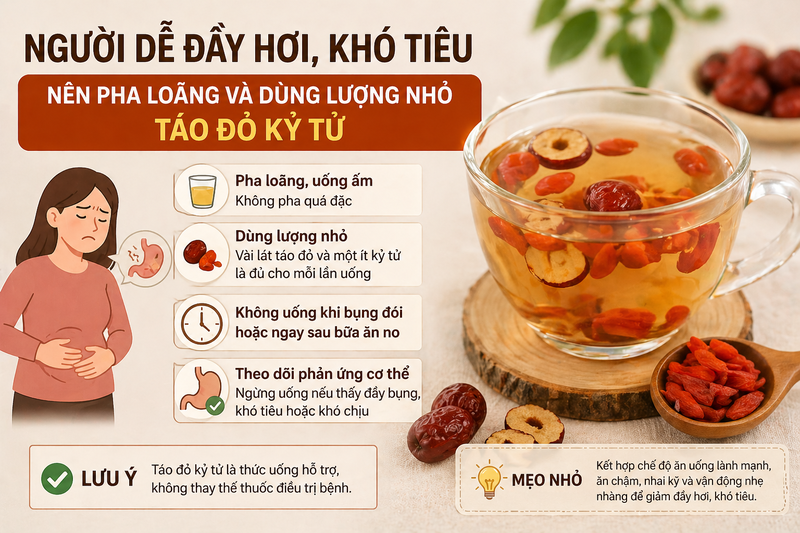 Người dễ đầy hơi, khó tiêu nên pha loãng và dùng lượng nhỏ táo đỏ kỷ tử. 